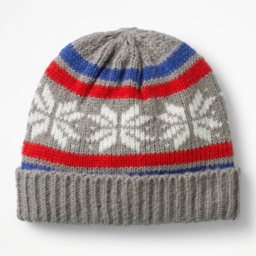 Boden Fair Isle Knit Grey Beanie Toboggan Snowflake Pattern